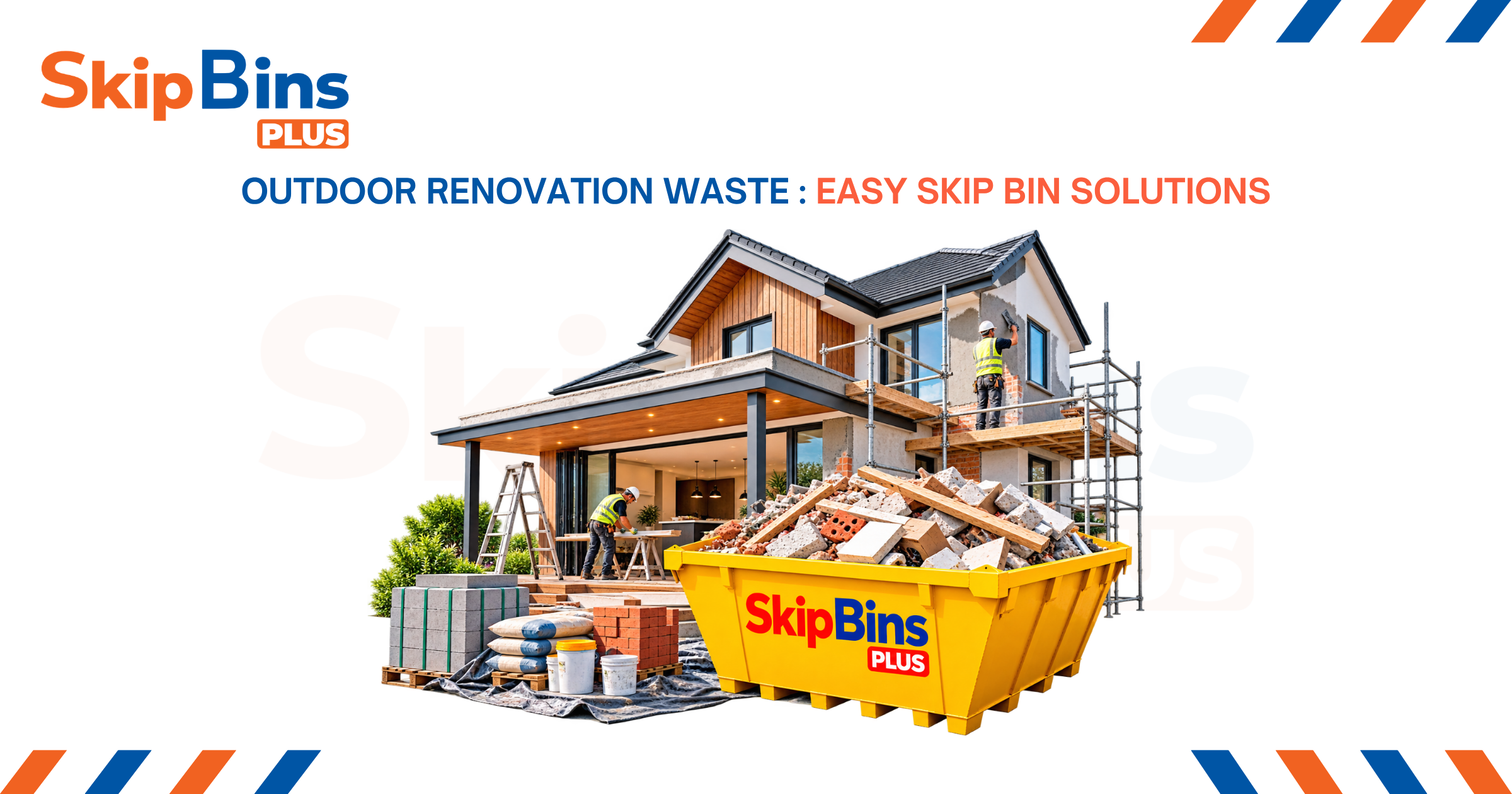 Skip Bin Plus yellow skip bin filled with bricks, timber and renovation debris during an outdoor home renovation project.