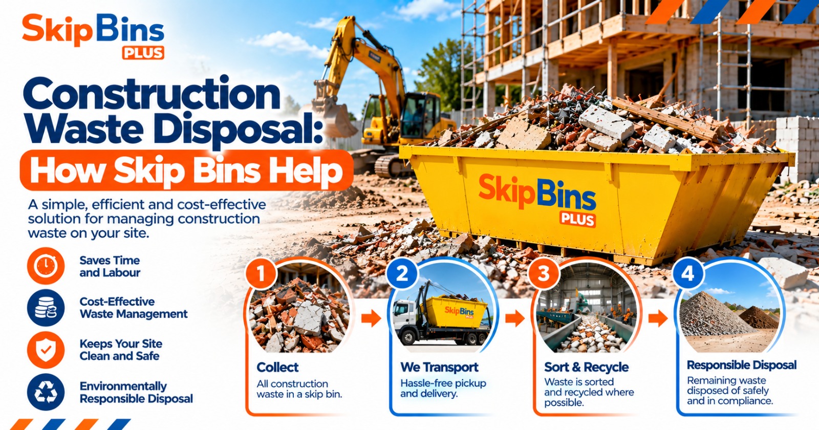 Skip Bin Plus yellow skip bin filled with construction debris at a building site, illustrating efficient construction waste disposal, collection and recycling.